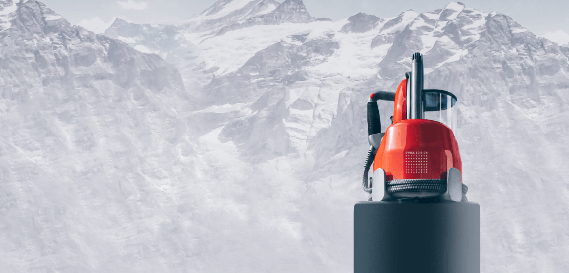 Laurastar已经体现了40多年的瑞士专业技术。背景是一座山，显示了该品牌在创造高质量产品方面的专长。
