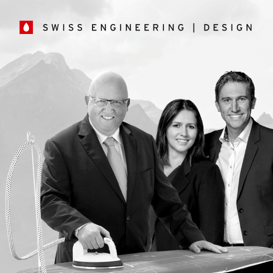Laurastar的标志是瑞士的设计和工程，一体式的熨烫系统，背景是Monney家族和山脉。